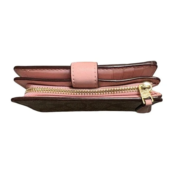 Coach Medium Corner Zip Wallet Signature Canvas Khaki Pink - Picture 5 of 12